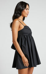 Clover Mini Dress - Back Bow Babydoll Dress in Black