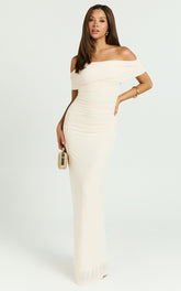 Caterina Maxi - Ruched Off Shoulder Mesh Dress in Off White