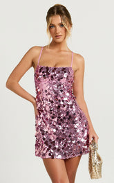 Cleo Mini Dress - Circle Sequin Mini Dress in Pink