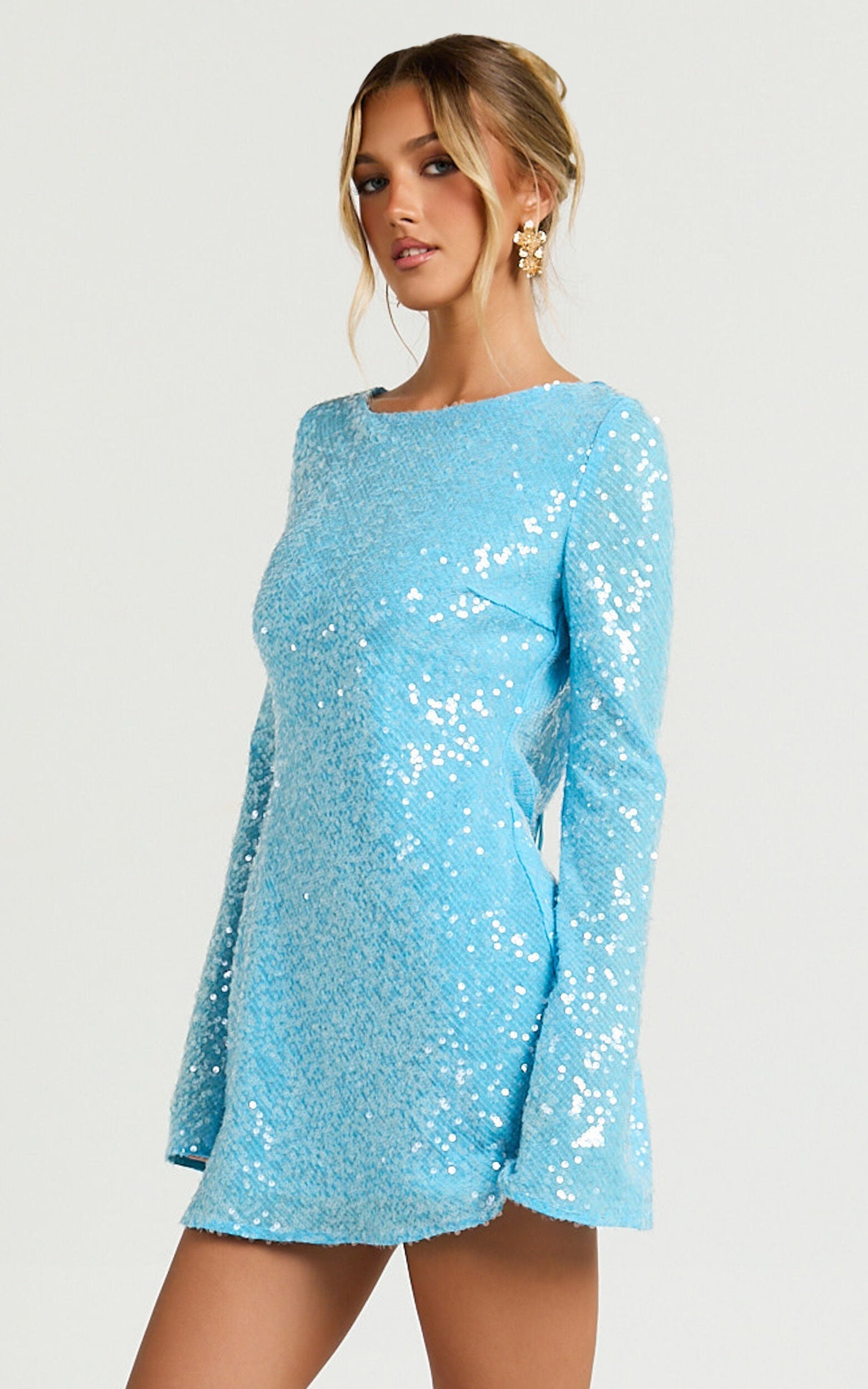 Bertina Mini Dress - Sequin Scoop Neck Low Back Dress in Blue