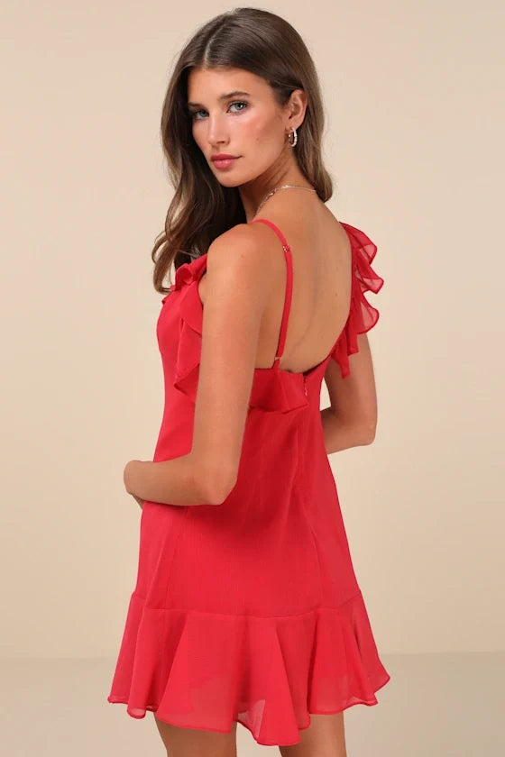 Captivating Always Red Ruffled Asymmetrical Mini Dress