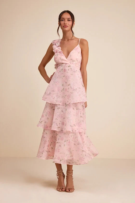 Daleyza Light Pink Floral Organza Tiered Midi Dress