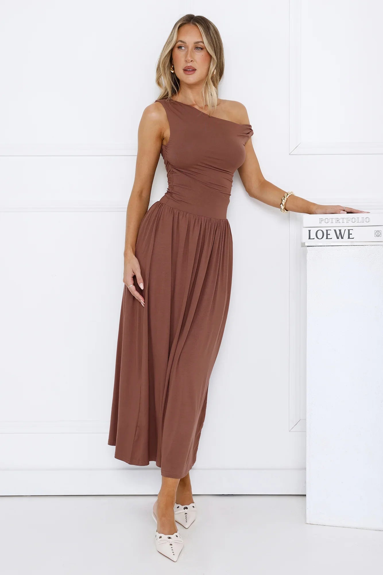Coastal Daydream Off Shoulder Midi Dress Brown