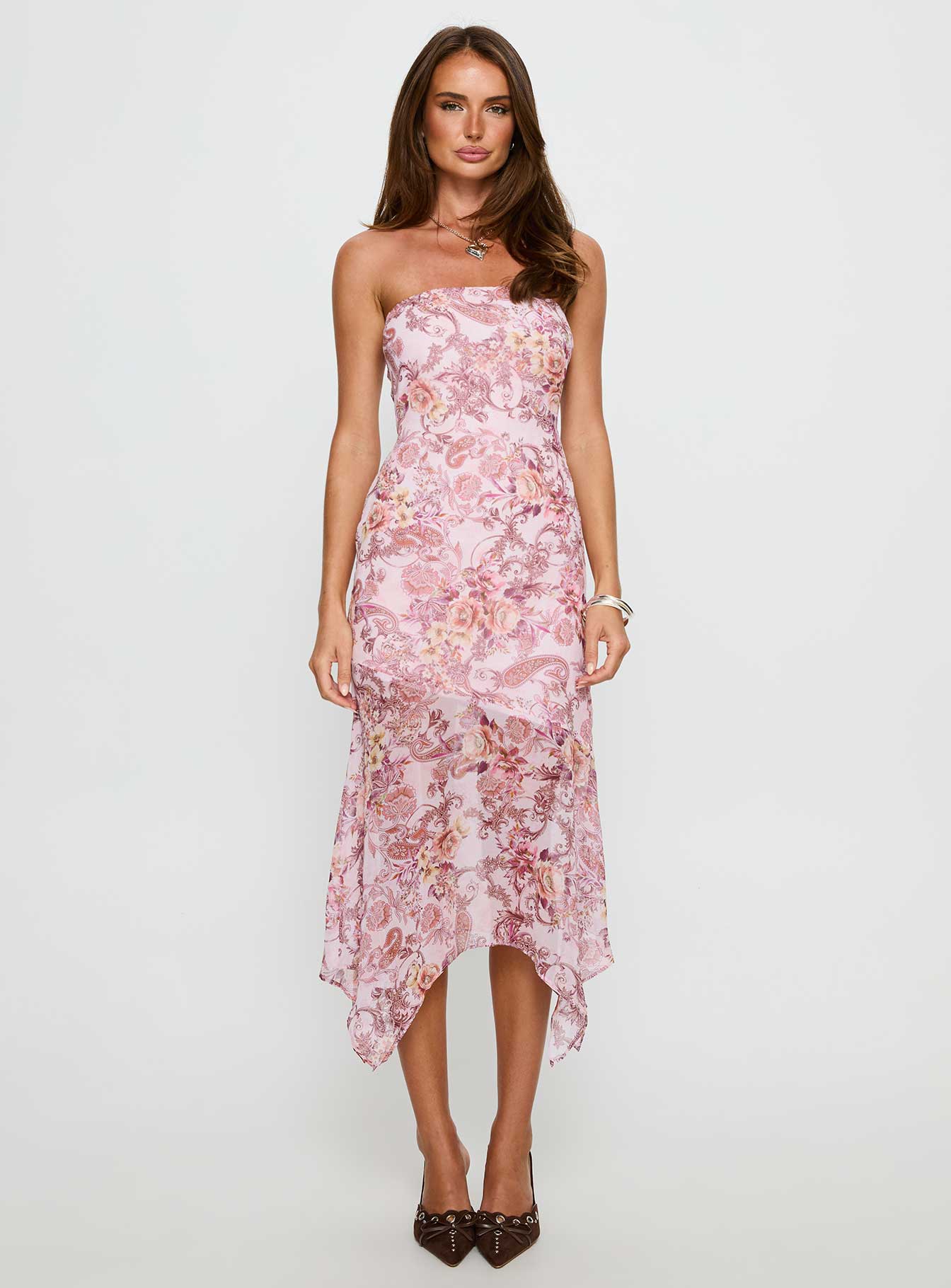 Coralis Strapless Asymmetrical Midi Dress Pink Paisley