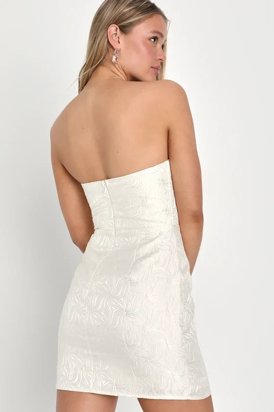 Bubbly Beauty Ivory Jacquard Strapless Bustier Mini Dress