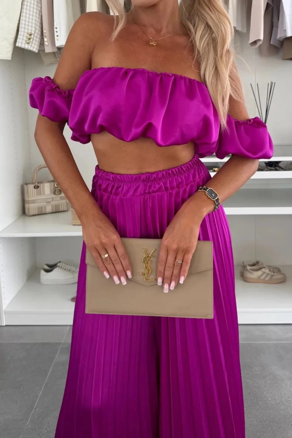 Off-Shoulder Top and Pleated Pants Set