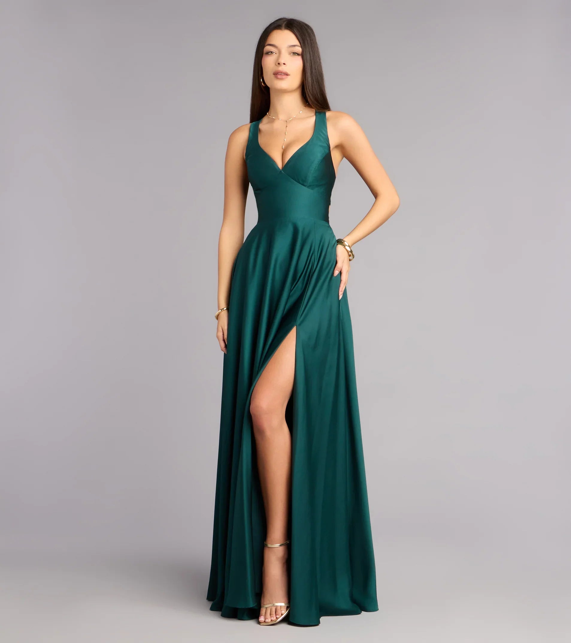 Abbey Lace-Up Slit A-Line Satin Formal Dress