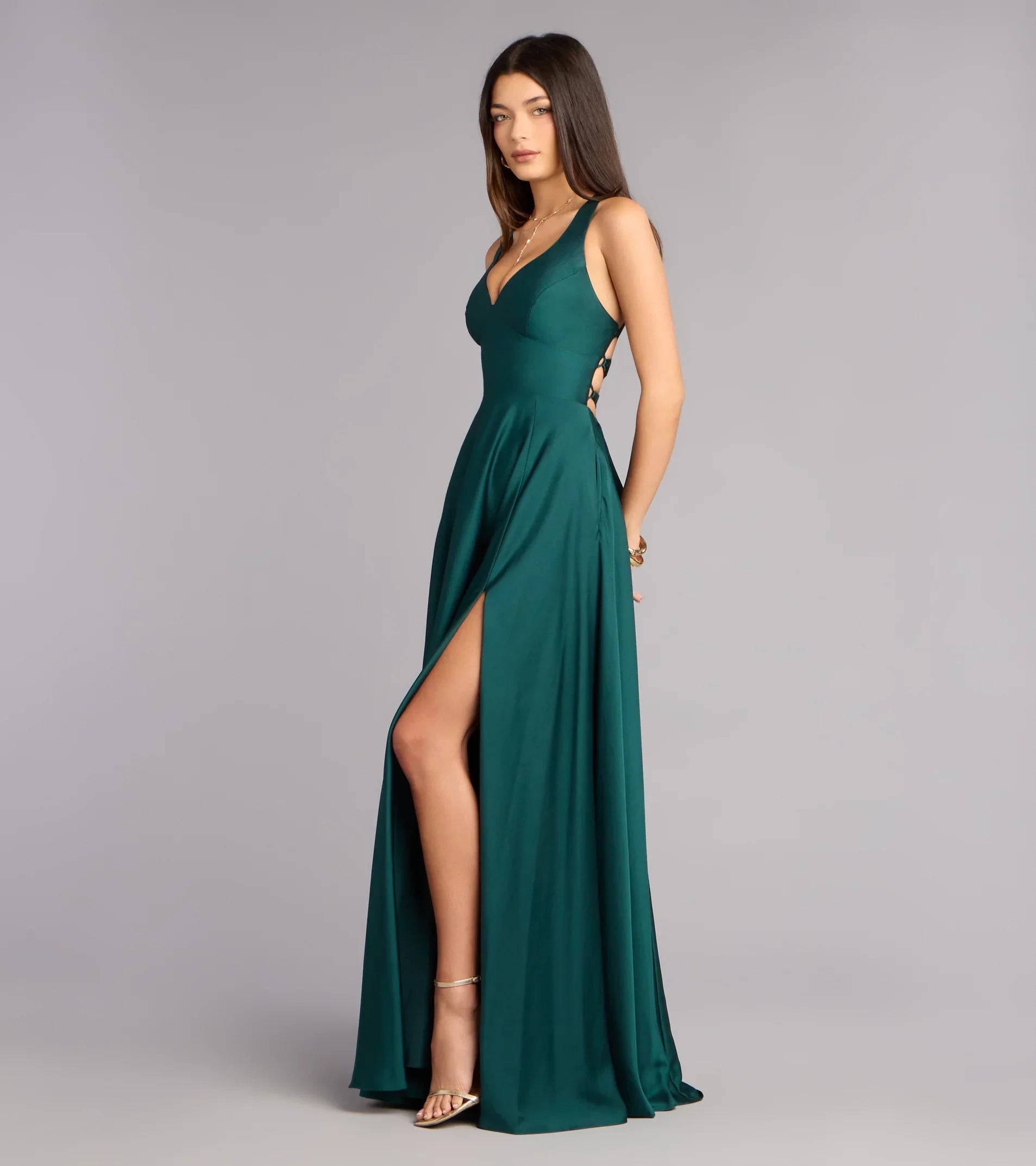 Abbey Lace-Up Slit A-Line Satin Formal Dress