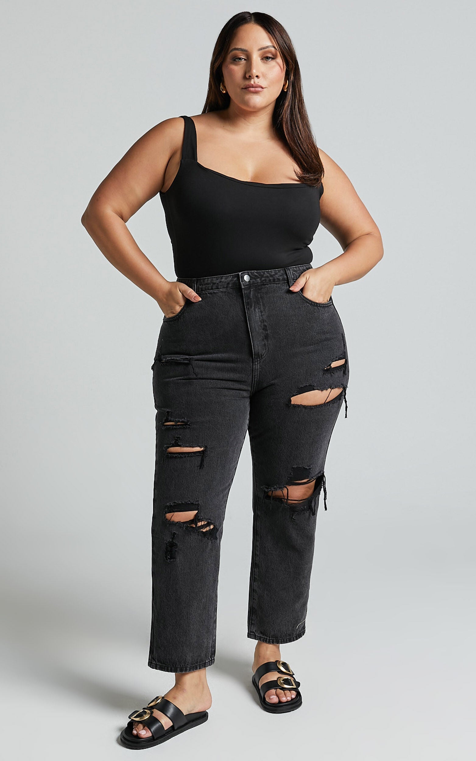 Billie Jeans - High Waisted Cotton Distressed Mom Denim Jeans in Black Wash