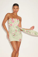Aritz Sage Green Embroidered Sash Strapless Mini Dress