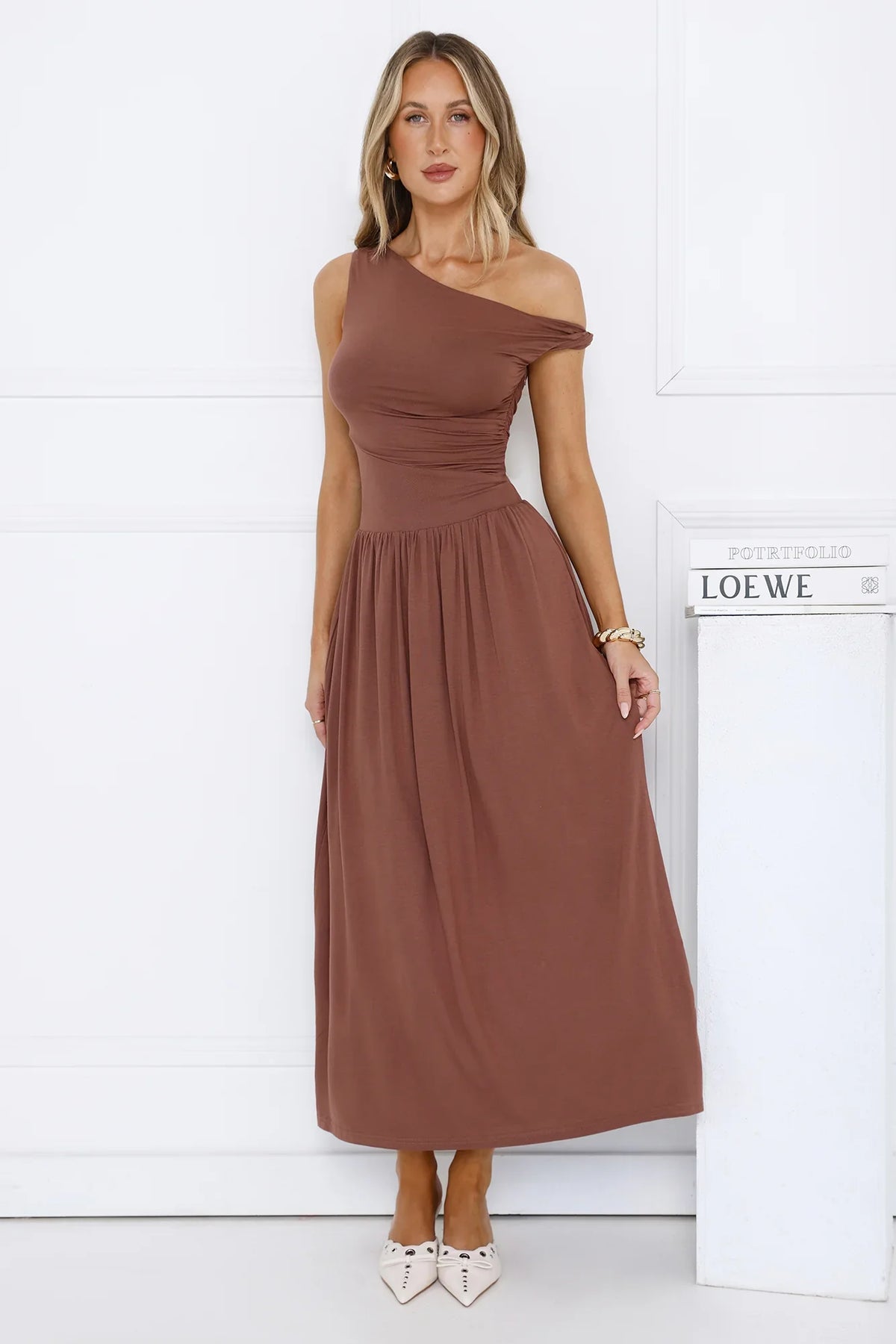 Coastal Daydream Off Shoulder Midi Dress Brown