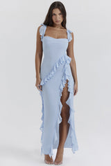cherry ruffle maxi dress-blue