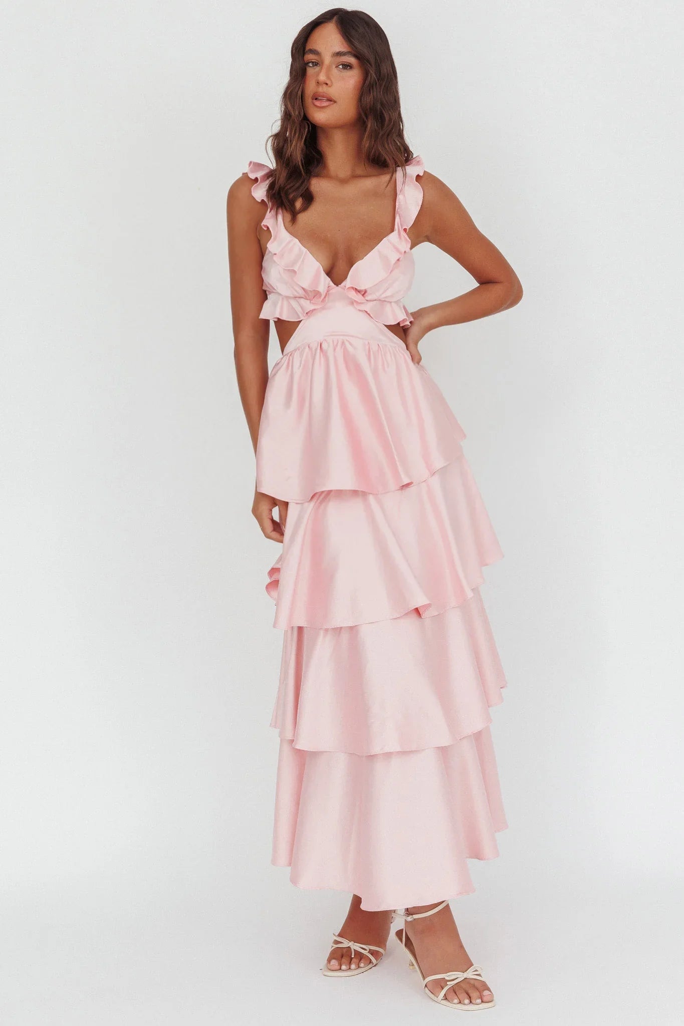 Catalina Tiered Ruffle Cut-Out Maxi Dress Blush