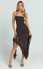 Constantina Midi Dress - Asymmetric Ruffle Tie Back Dress in Dark Chocolate