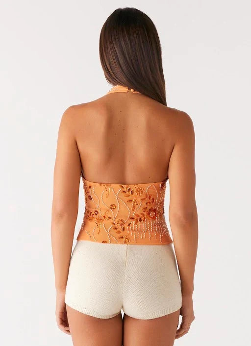 Atlanta Sequin Halter Top - Orange