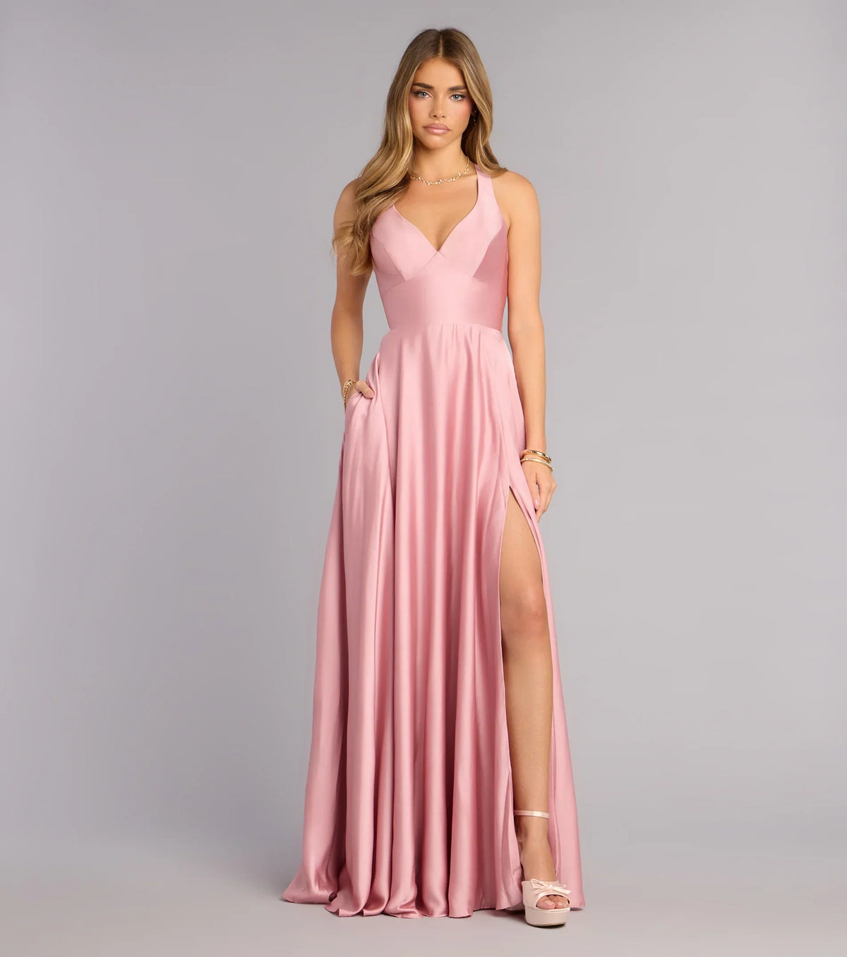 Abbey Lace-Up Slit A-Line Satin Formal Dress