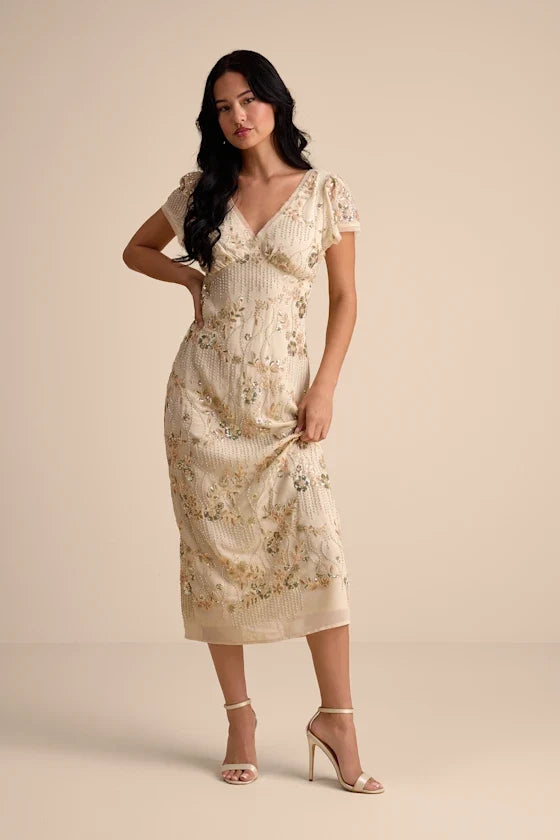 Angelila Beige Sequin Beaded Short Sleeve Midi Dress