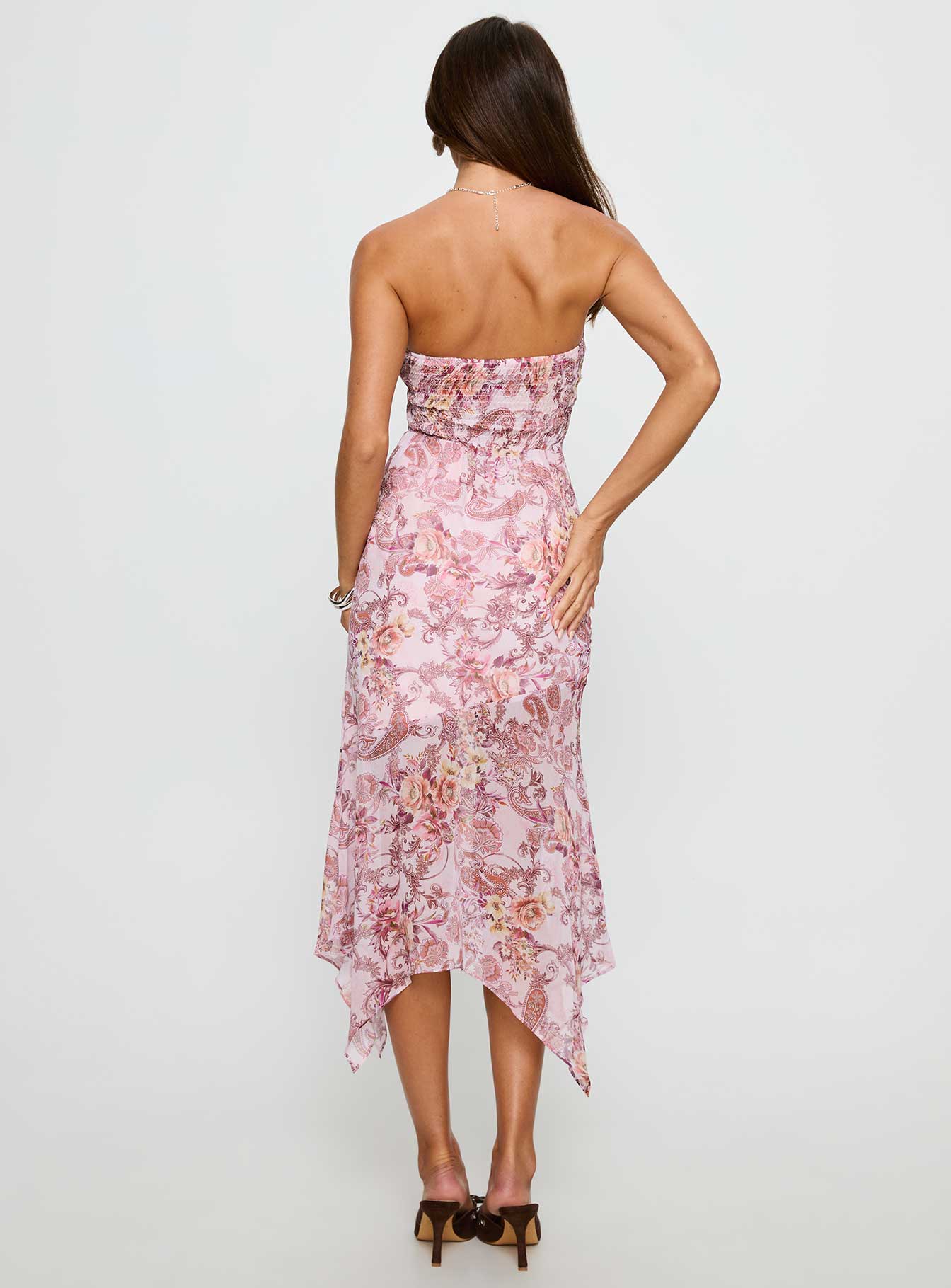 Coralis Strapless Asymmetrical Midi Dress Pink Paisley